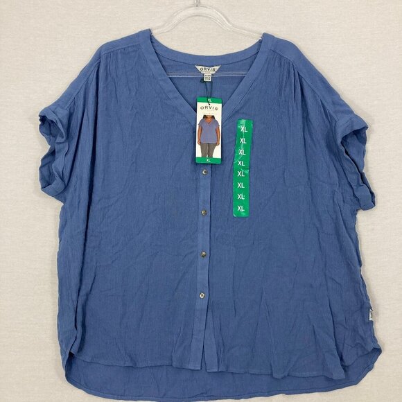 New Orvis Blue V Neck Gauzy Cotton Short Sleeve Relaxed Button Down XL - Picture 1 of 9